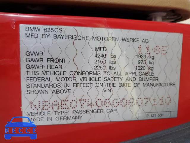 1986 BMW 635 CSI WBAEC7406G0607110 image 11