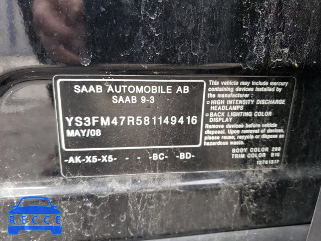 2008 SAAB 9-3 TURBOX YS3FM47R581149416 зображення 11