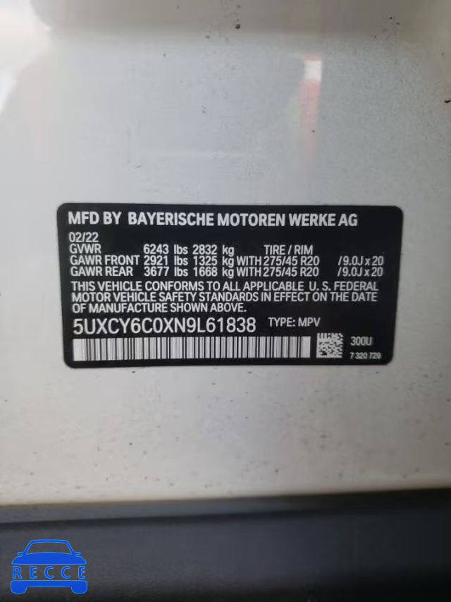 2022 BMW X6 XDRIVE4 5UXCY6C0XN9L61838 image 12
