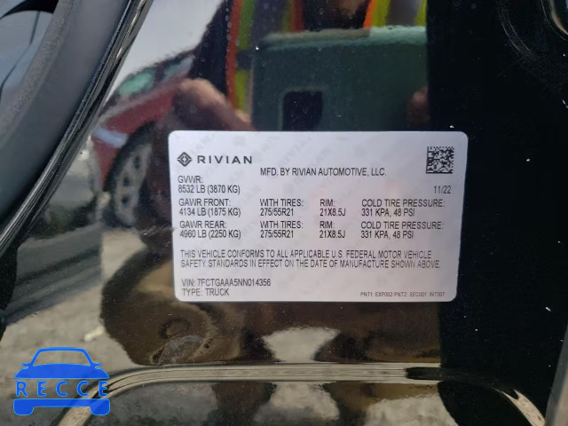 2022 RIVIAN R1T ADVENT 7FCTGAAA5NN014356 зображення 11