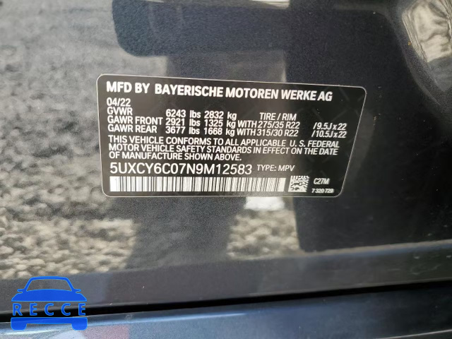 2022 BMW X6 XDRIVE4 5UXCY6C07N9M12583 image 13