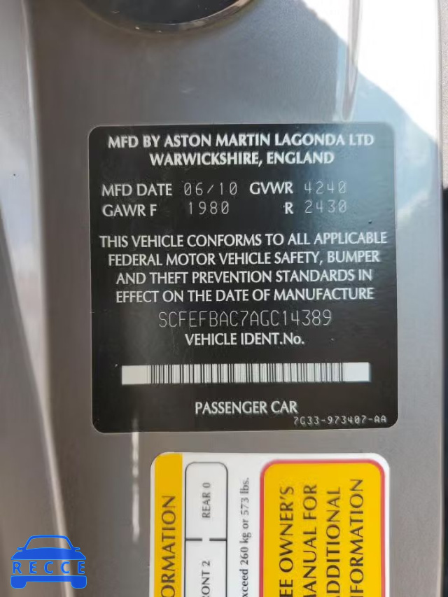 2010 ASTON MARTIN V8 VANTAGE SCFEFBAC7AGC14389 image 11