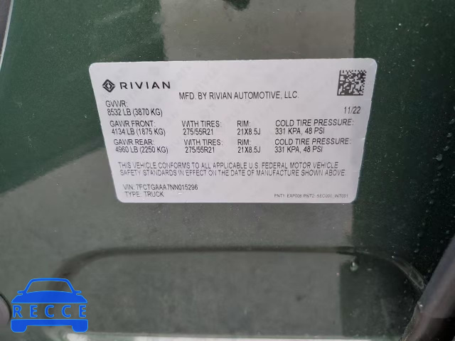 2022 RIVIAN R1T ADVENT 7FCTGAAA7NN015296 зображення 11