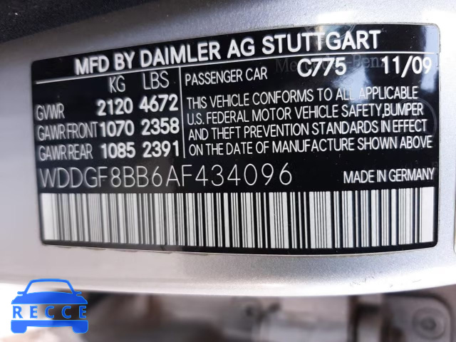 2010 MERCEDES-BENZ 300-CLASS WDDGF8BB6AF434096 зображення 9