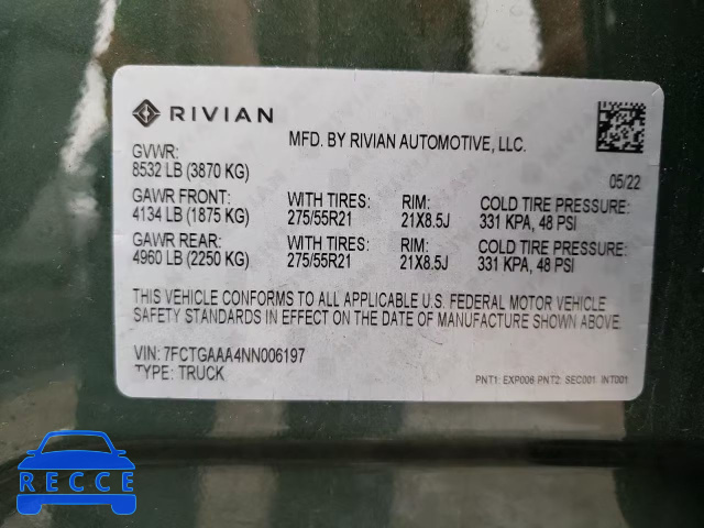 2022 RIVIAN R1T ADVENT 7FCTGAAA4NN006197 зображення 12