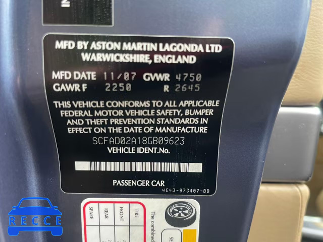 2008 ASTON MARTIN DB9 VOLANT SCFAD02A18GB09623 image 9