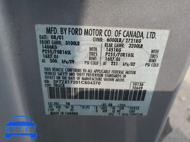2001 FORD 150 2FTZX17201CB04370 image 11