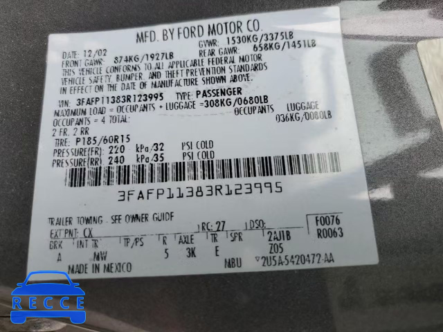 2003 FORD ZX2 3FAFP11383R123995 image 11