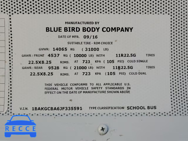 2018 BLUE BIRD SCHOOL BUS 1BAKGCBA6JF335591 зображення 9