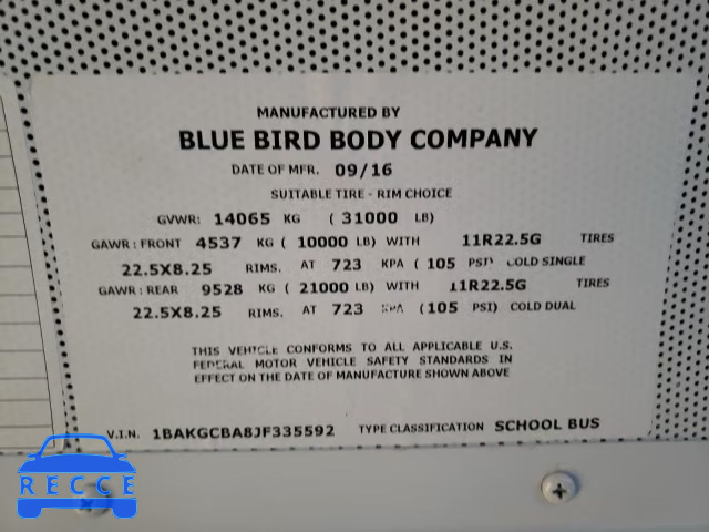 2018 BLUE BIRD SCHOOL BUS 1BAKGCBA8JF335592 image 9