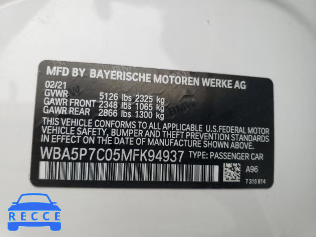 2021 BMW 330E WBA5P7C05MFK94937 зображення 11