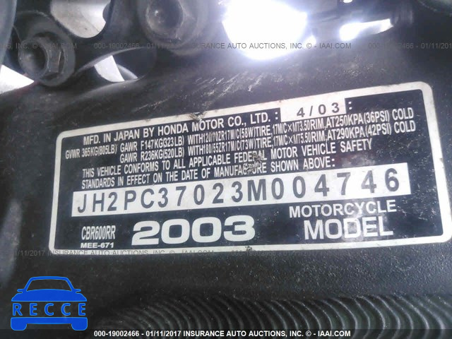 2003 Honda CBR600 RR JH2PC37023M004746 зображення 9