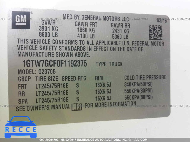 2015 GMC Savana G2500 1GTW7GCF0F1192375 image 8