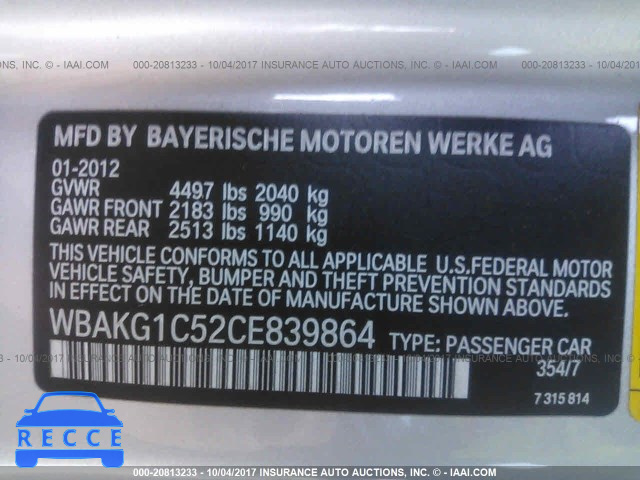 2012 BMW 335 I SULEV WBAKG1C52CE839864 зображення 8