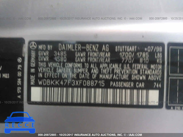 1999 Mercedes-benz SLK 230 KOMPRESSOR WDBKK47F3XF088715 image 8