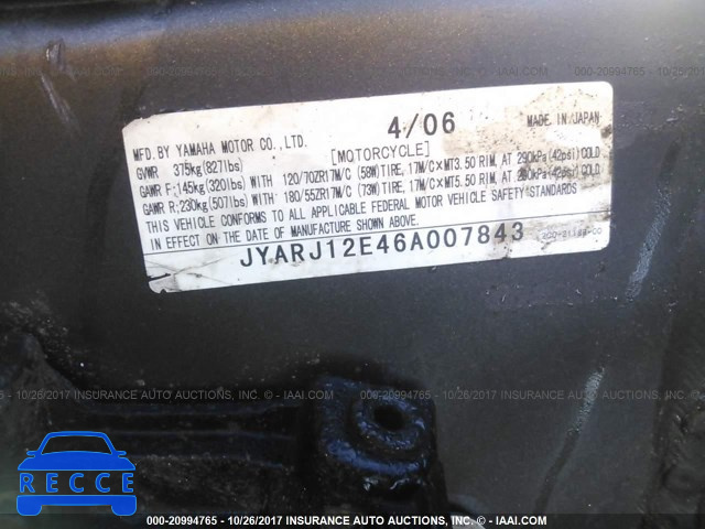 2006 Yamaha YZFR6 L JYARJ12E46A007843 image 9