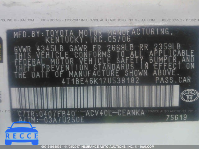 2007 Toyota Camry New Generation CE/LE/XLE/SE 4T1BE46K17U538182 image 8
