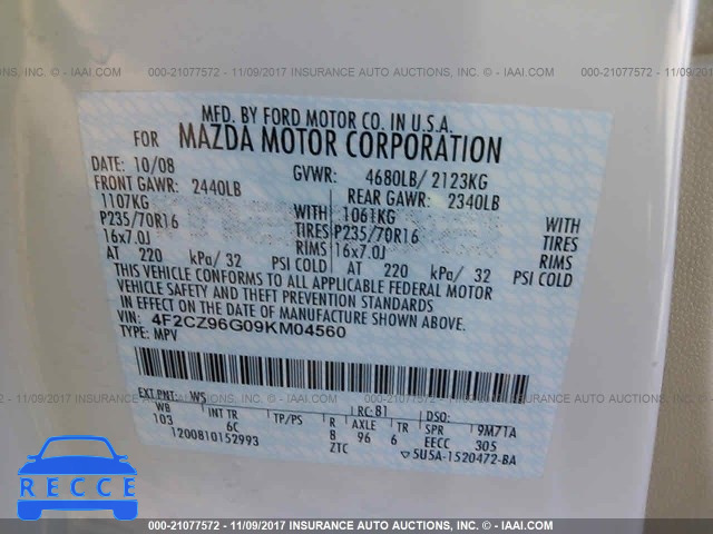2009 Mazda Tribute S 4F2CZ96G09KM04560 image 8