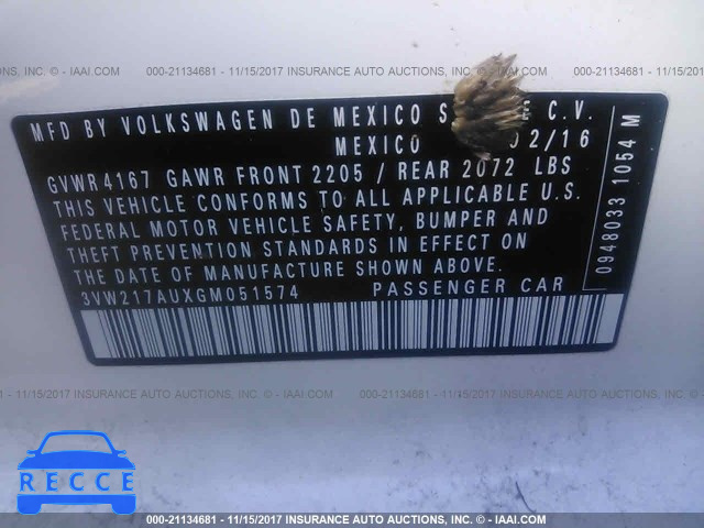 2016 VOLKSWAGEN GOLF S/SE/SEL 3VW217AUXGM051574 image 8