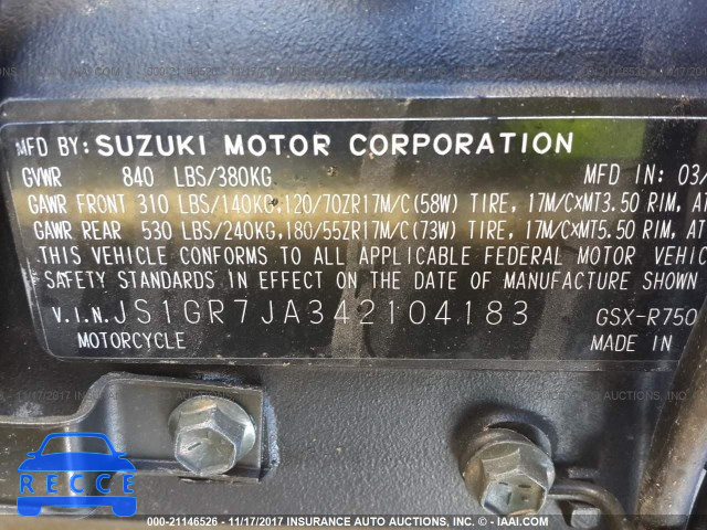 2004 SUZUKI GSX-R750 K JS1GR7JA342104183 image 9
