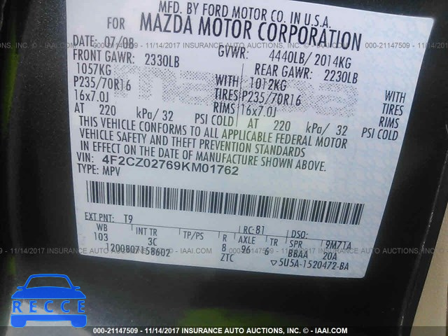 2009 Mazda Tribute I 4F2CZ02769KM01762 image 8