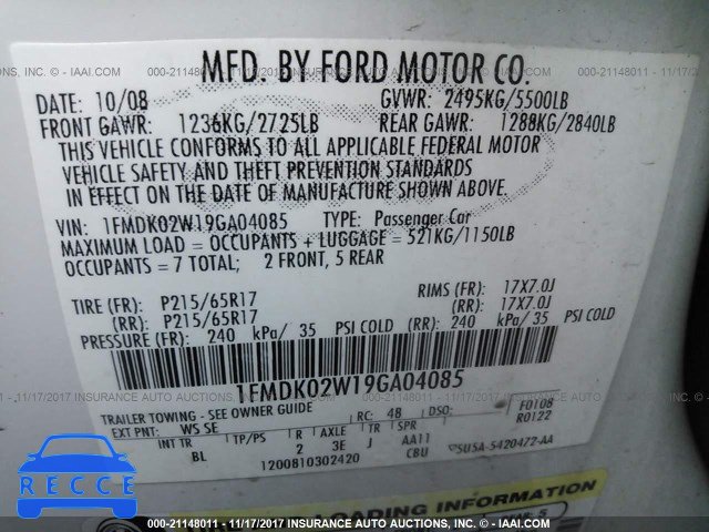 2009 FORD TAURUS X SEL 1FMDK02W19GA04085 зображення 8