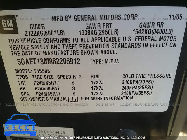 2006 BUICK RAINIER CXL 5GAET13M862206912 Bild 8