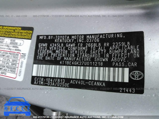 2007 Toyota Camry New Generation CE/LE/XLE/SE 4T1BE46K27U011218 Bild 8