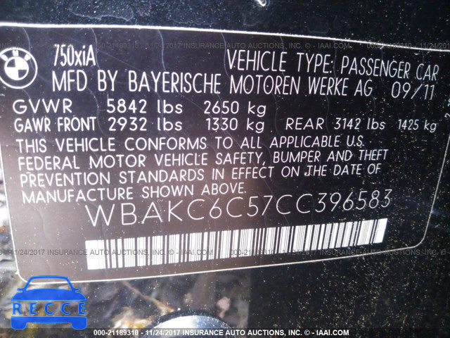 2012 BMW 750 WBAKC6C57CC396583 зображення 8