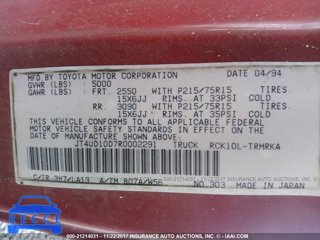 1994 TOYOTA T100 JT4UD10D7R0002291 image 8