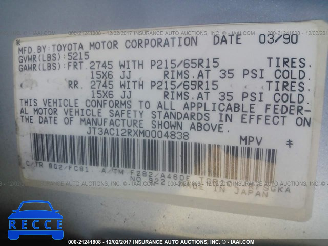 1991 TOYOTA PREVIA LE JT3AC12RXM0004838 image 8