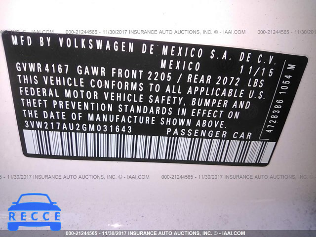 2016 VOLKSWAGEN GOLF S/SE/SEL 3VW217AU2GM031643 image 8