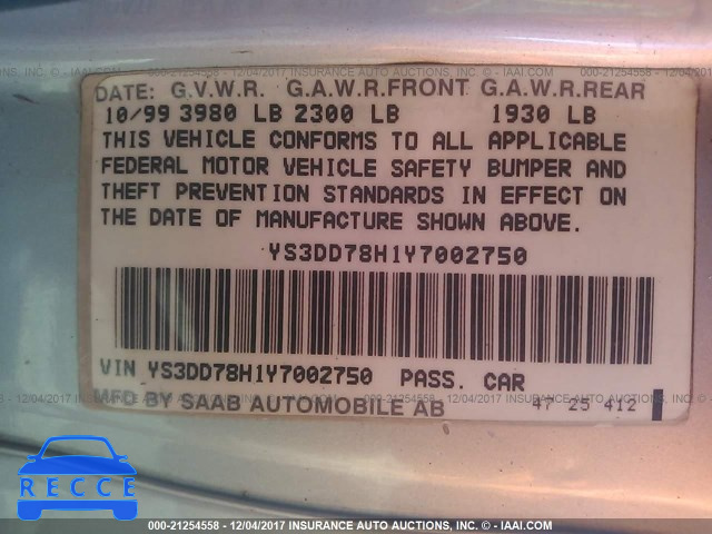 2000 Saab 9-3 YS3DD78H1Y7002750 image 8