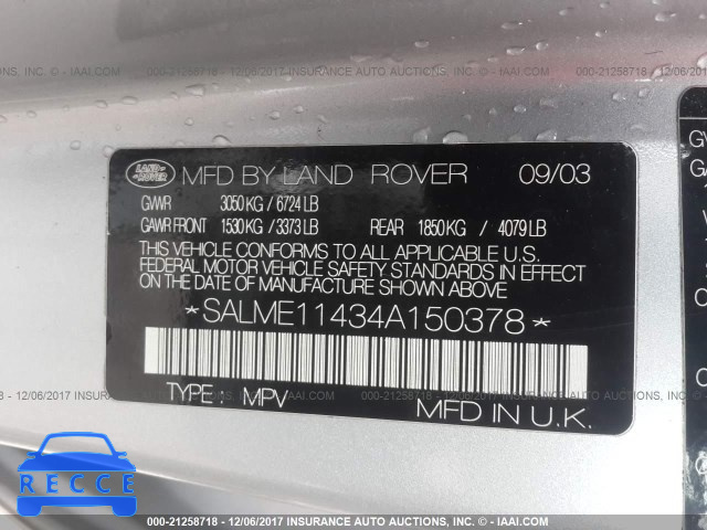 2004 Land Rover Range Rover HSE SALME11434A150378 image 8