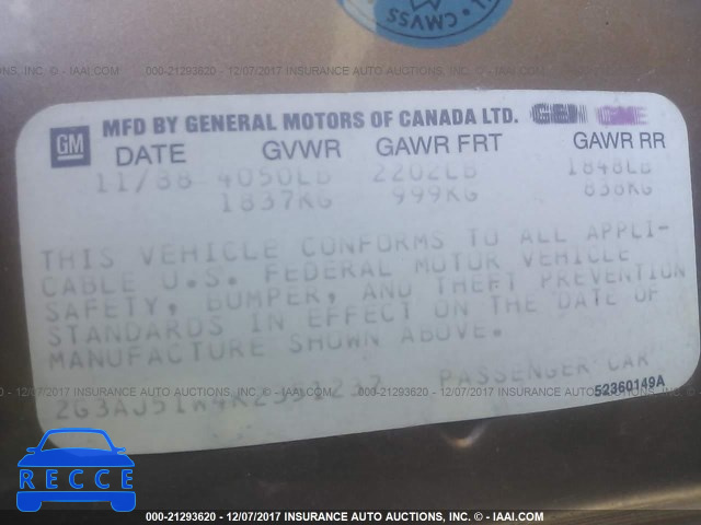 1989 Oldsmobile Cutlass Ciera 2G3AJ51W4K2351237 зображення 8