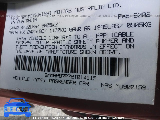2002 MITSUBISHI DIAMANTE VR-X 6MMAP87P72T014115 image 8