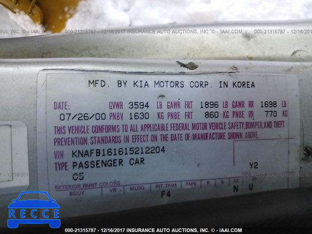 2001 KIA SPECTRA GS/GSX KNAFB161615212204 image 8