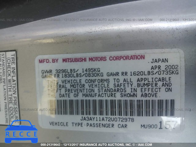 2002 MITSUBISHI MIRAGE DE JA3AY11A72U072978 image 8