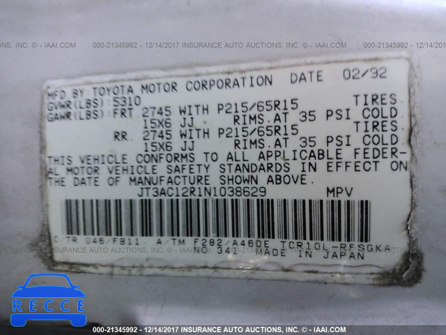1992 Toyota Previa LE JT3AC12R1N1038629 image 8