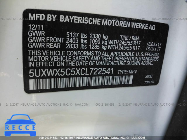 2012 BMW X3 XDRIVE28I 5UXWX5C5XCL722541 зображення 8