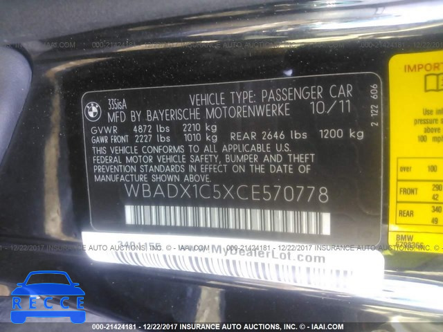 2012 BMW 335 I SULEV WBADX1C5XCE570778 зображення 8