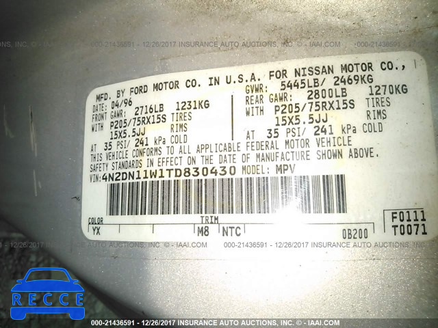 1996 NISSAN QUEST XE/GXE 4N2DN11W1TD830430 image 8