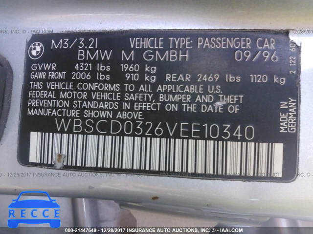 1997 BMW M3 AUTOMATICATIC WBSCD0326VEE10340 image 8