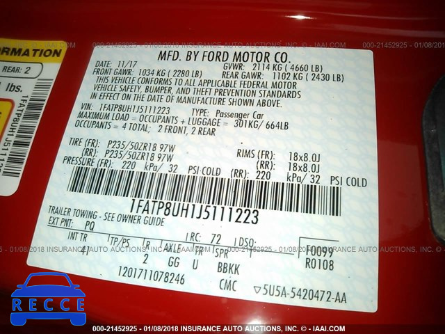 2018 FORD MUSTANG 1FATP8UH1J5111223 image 8