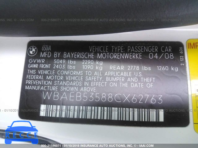 2008 BMW 650 I WBAEB53588CX62763 image 8