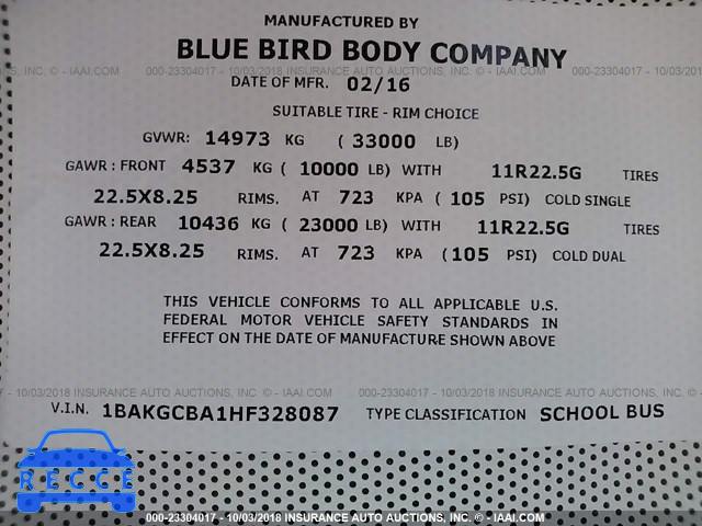 2017 BLUE BIRD SCHOOL BUS 1BAKGCBA1HF328087 image 8