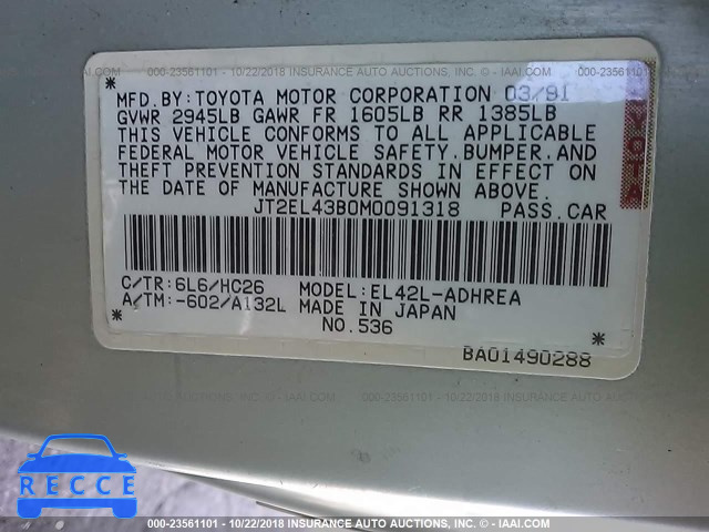 1991 TOYOTA TERCEL DELUXE JT2EL43B0M0091318 Bild 8