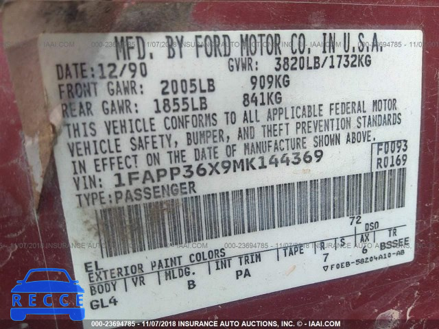 1991 FORD TEMPO GL 1FAPP36X9MK144369 image 8