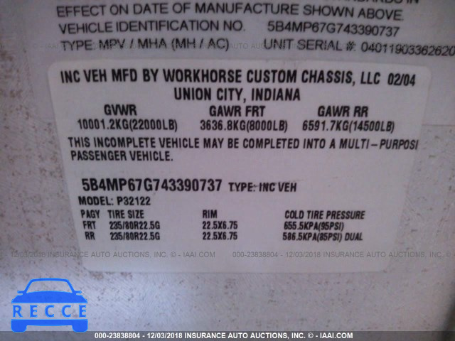 2004 WORKHORSE CUSTOM CHASSIS MOTORHOME CHASSIS W22 5B4MP67G743390737 image 8