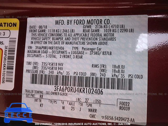2019 FORD FUSION TITANIUM 3FA6P0RU4KR102406 Bild 8